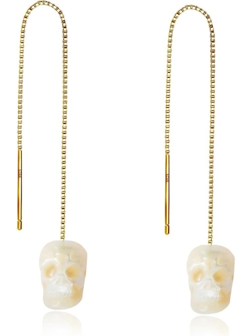 Gothic Skull Pearl Threader Earrings - Hand-Carved Drop Jewelry for Women